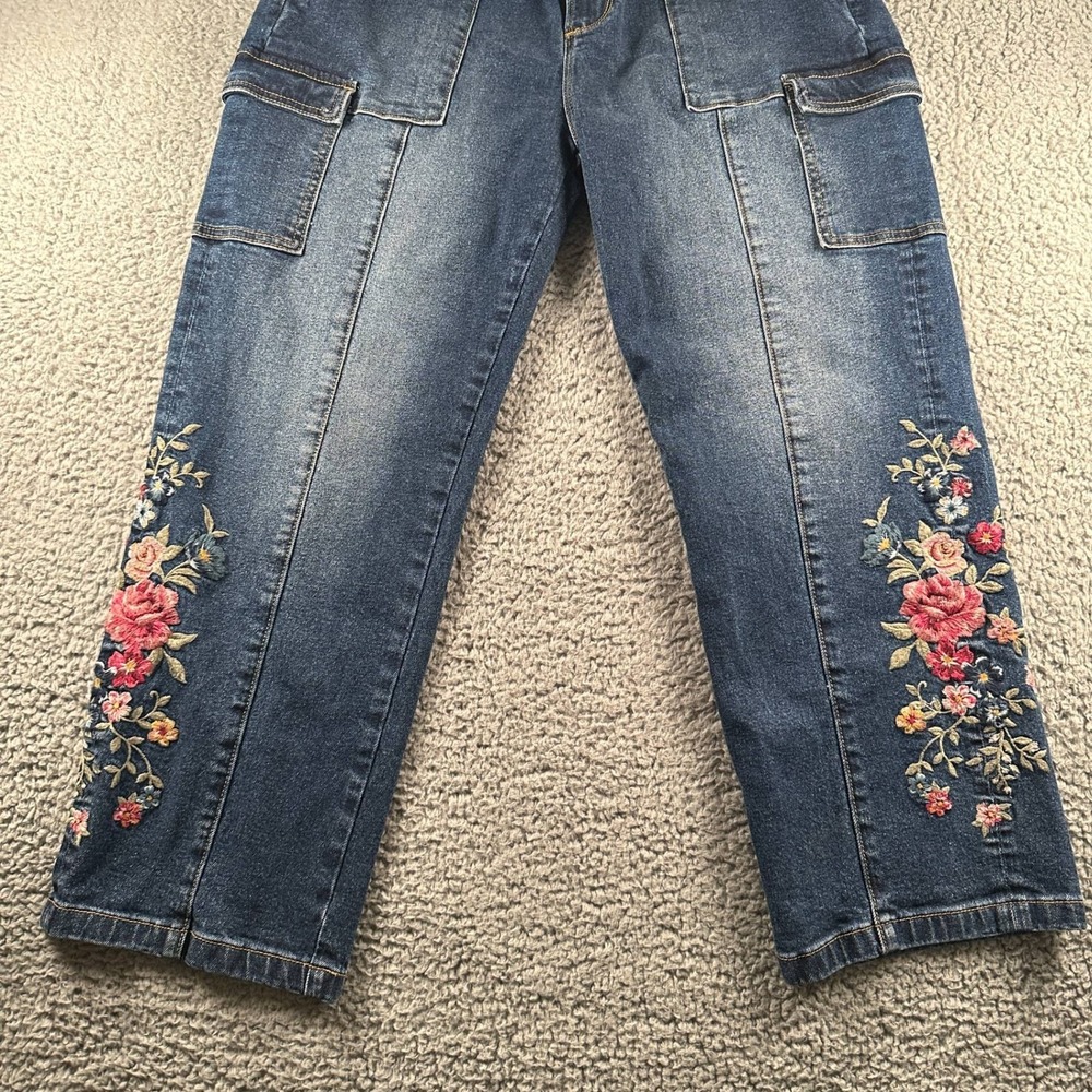Driftwood Royce Cargo Jeans Womens 14 x 27L Cargo Embroidered Floral Blue Boho - Picture 3 of 13